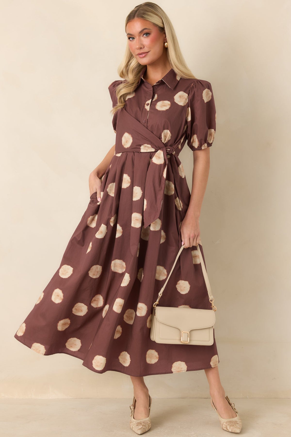 Gather Around Rust Brown Dot Print Cotton Midi Dress