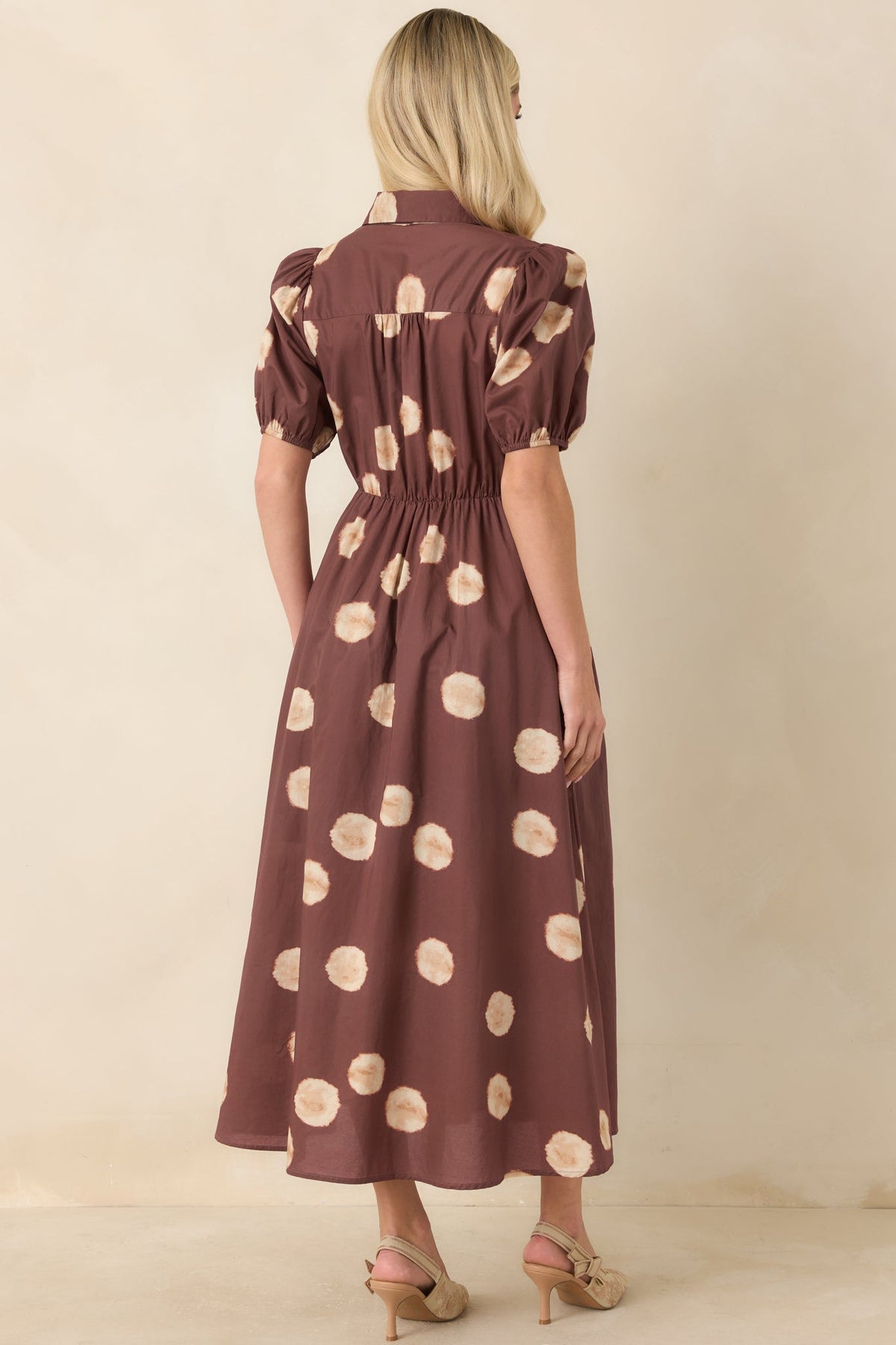 Gather Around Rust Brown Dot Print Cotton Midi Dress
