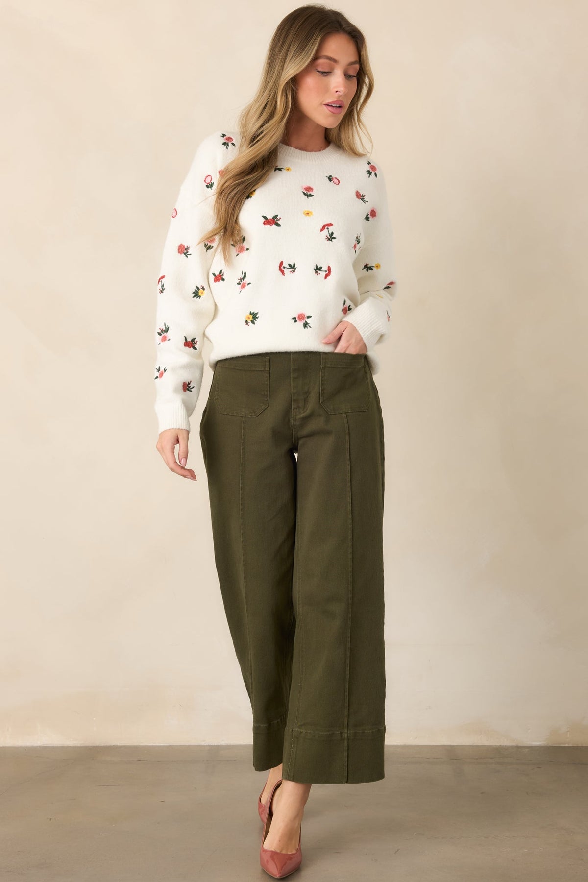 Naturally Yours White Multi Floral Embroidered Knit Sweater