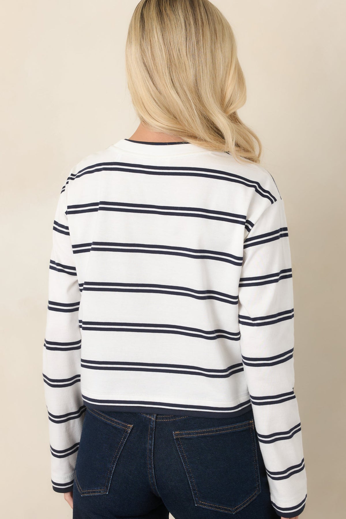 Good American Navy Double Stripe Cotton Long Sleeve Layered Tee
