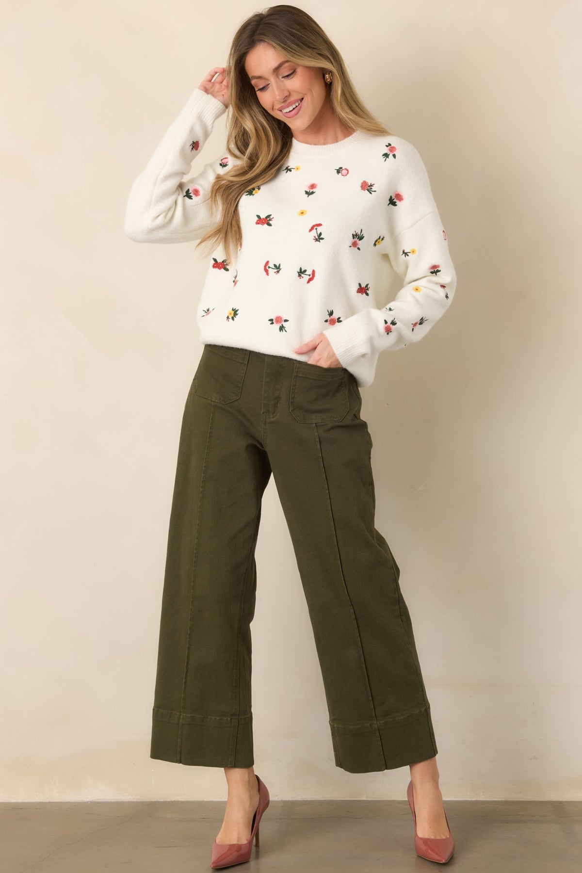 Naturally Yours White Multi Floral Embroidered Knit Sweater