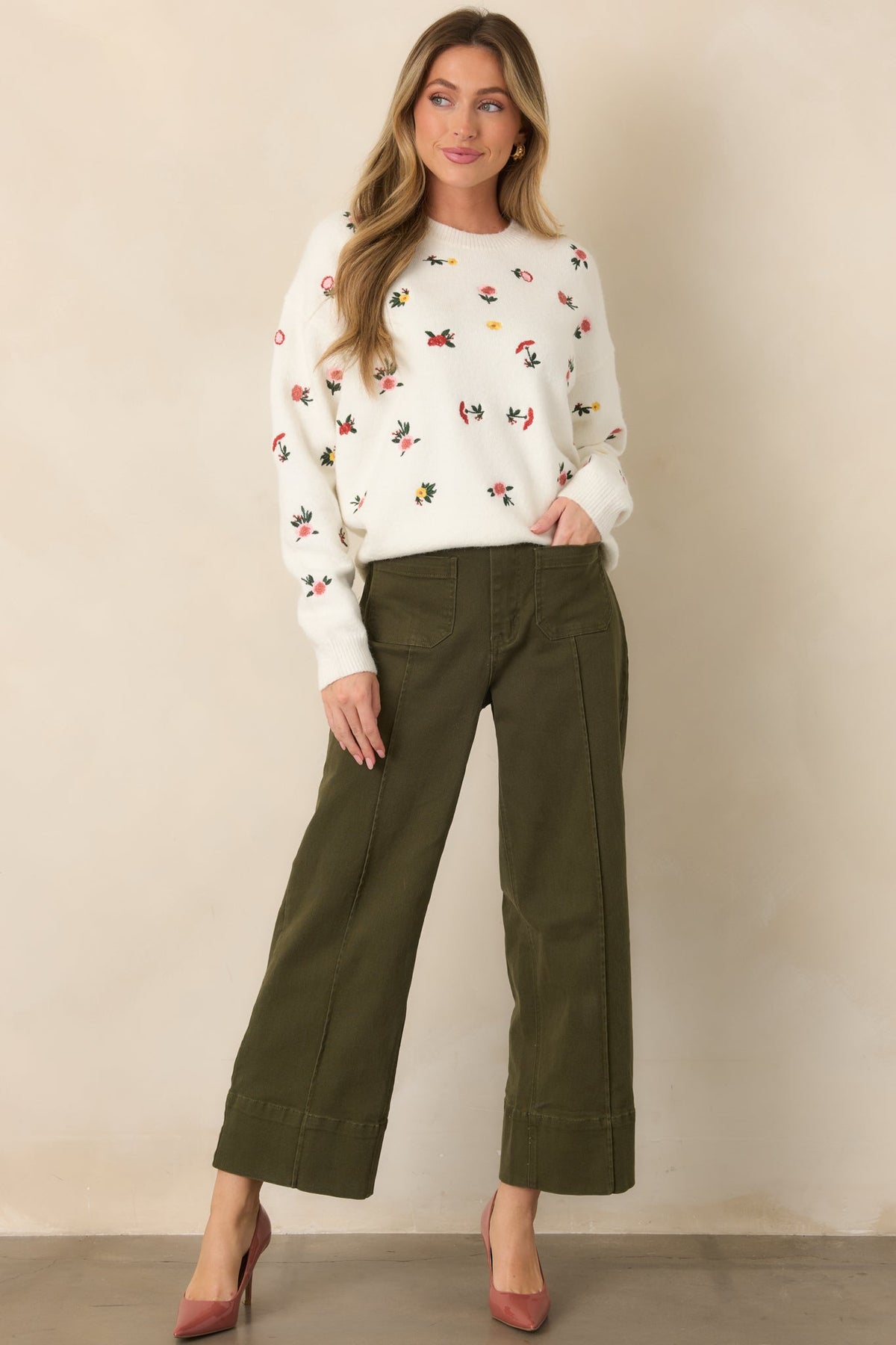 Naturally Yours White Multi Floral Embroidered Knit Sweater