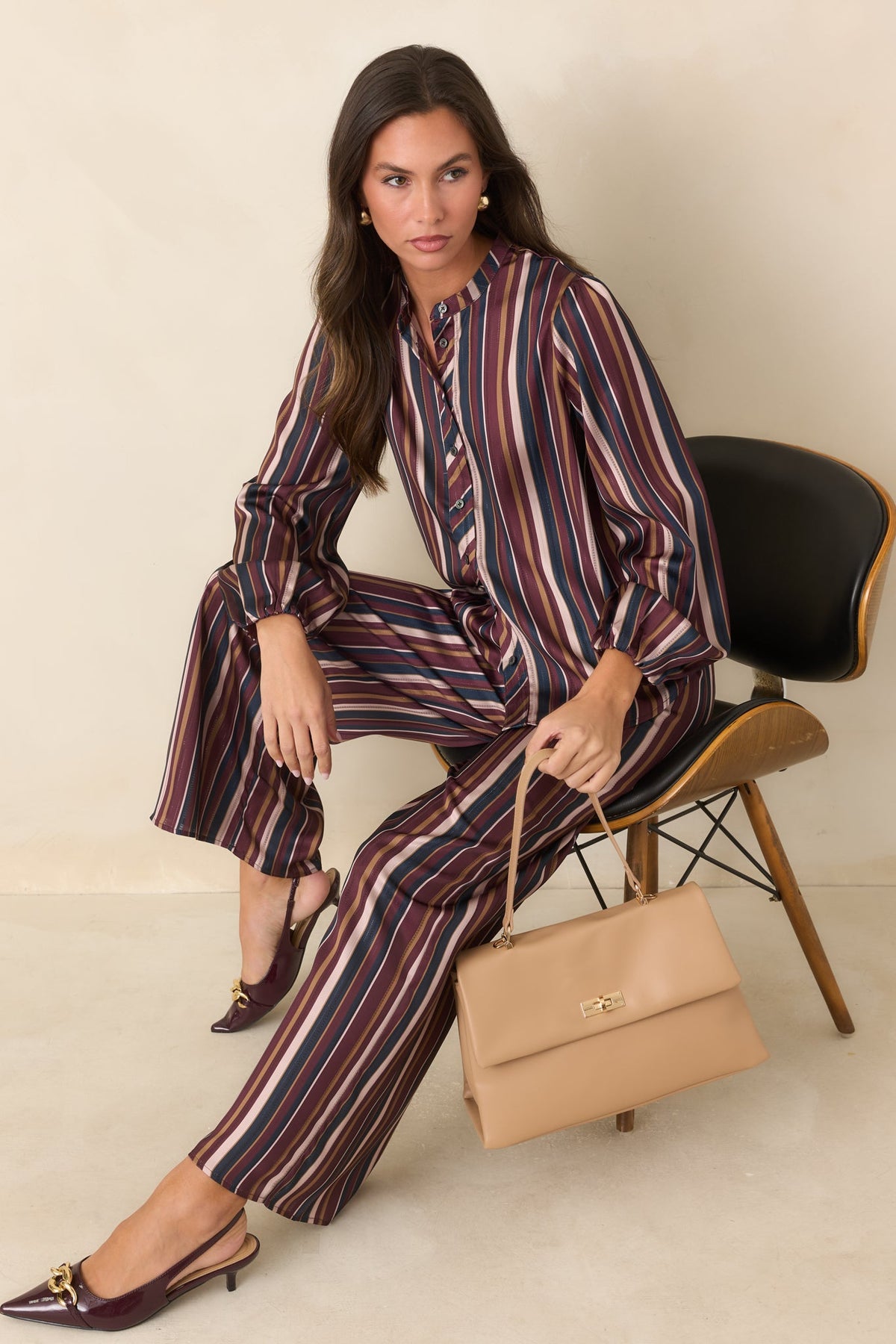 We’re on the Same Page Burgundy Purple Multi Stripe Satin Wide Leg Pants