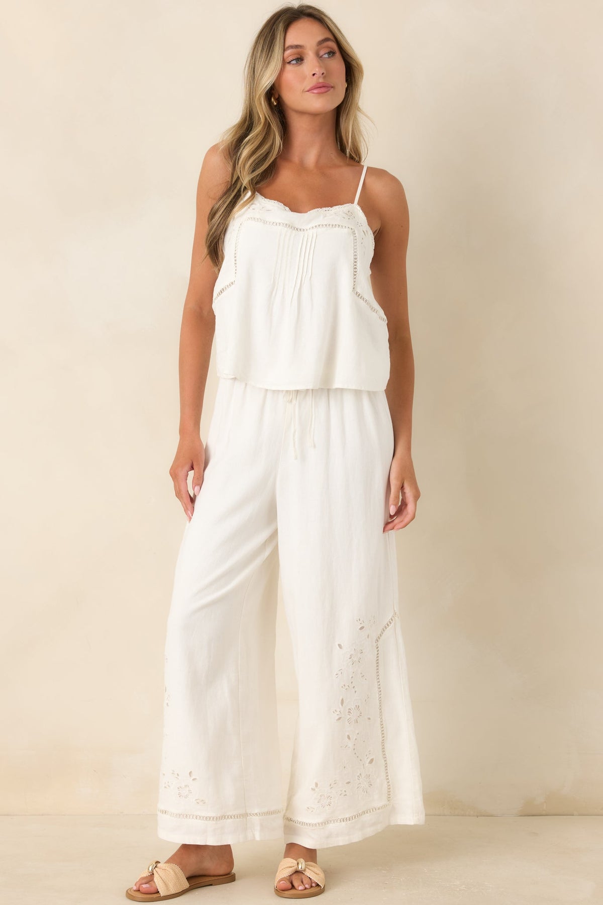 Z Supply Sid White Linen Blend Embroidered Woven Pants
