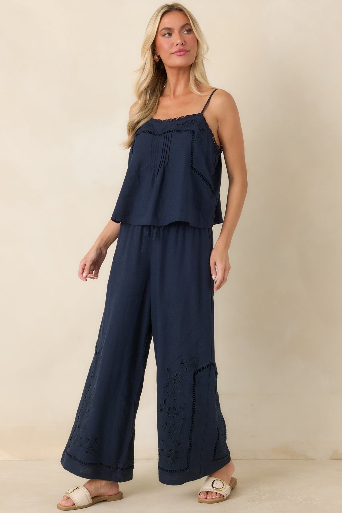 Z Supply Sid Navy Linen Blend Embroidered Woven Pants