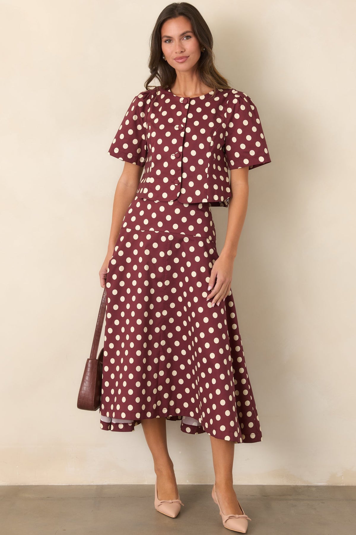 You Make a Good Point Wine & Ivory Polka Dot Cotton Midi Skirt