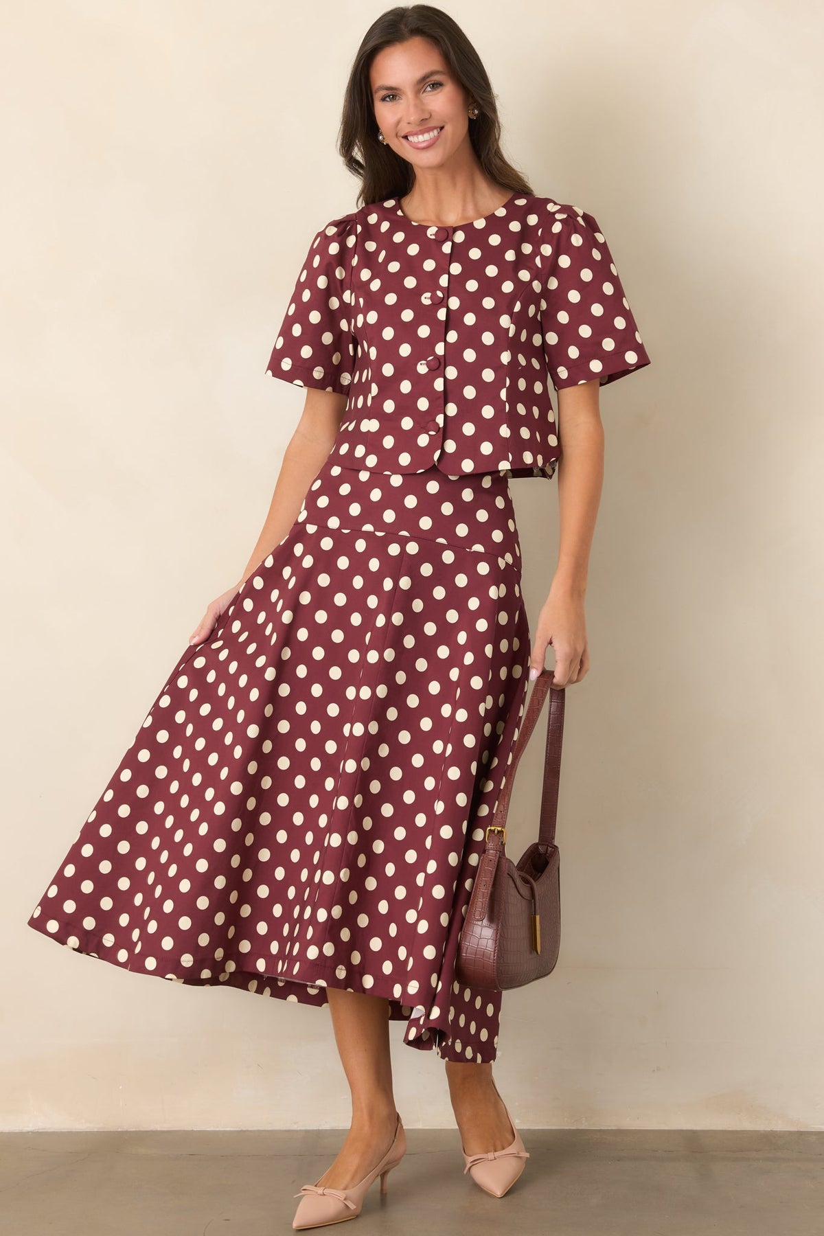 You Make a Good Point Wine & Ivory Polka Dot Cotton Top