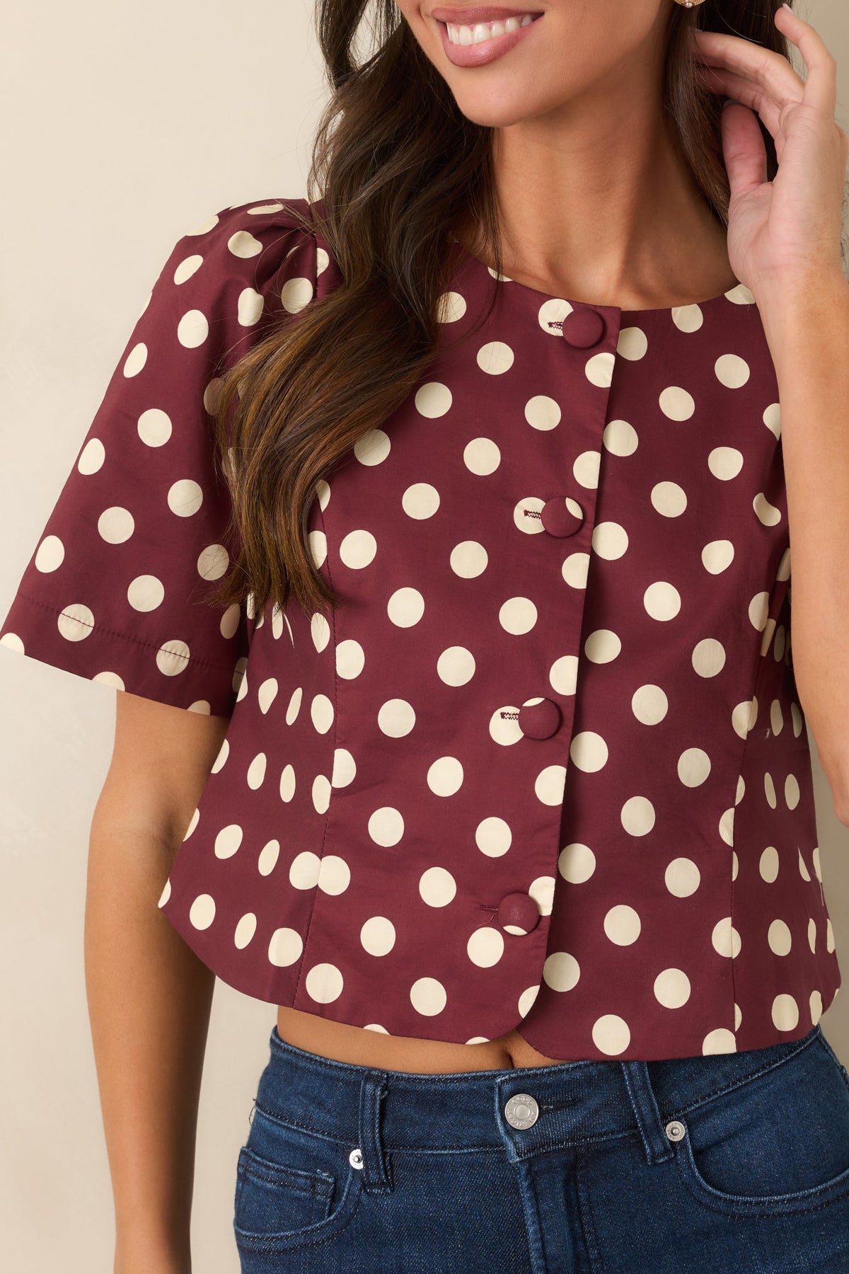 You Make a Good Point Wine & Ivory Polka Dot Cotton Top