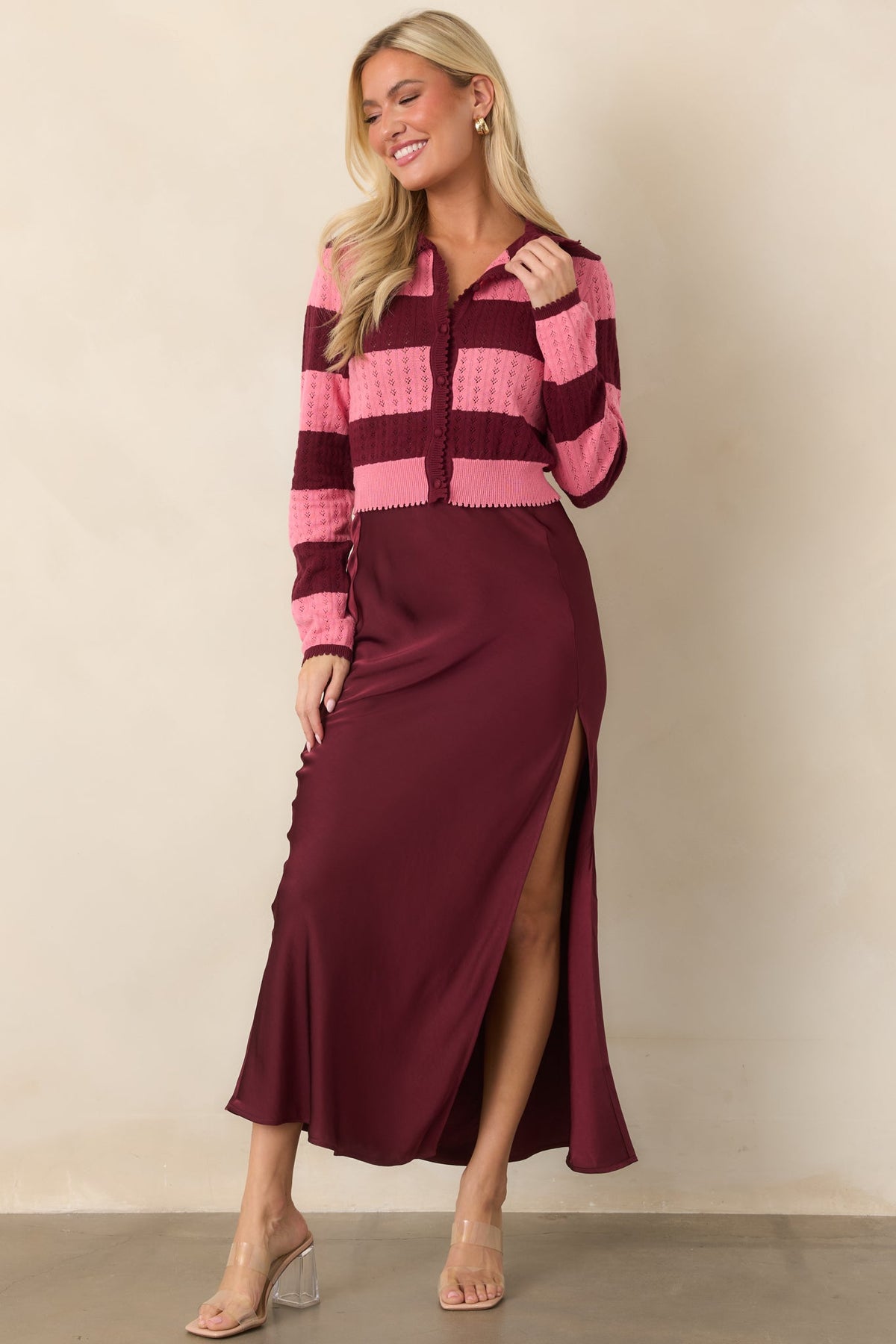 MINKPINK Lourdes Wine & Pink Stripe Cotton Pointelle Cardigan