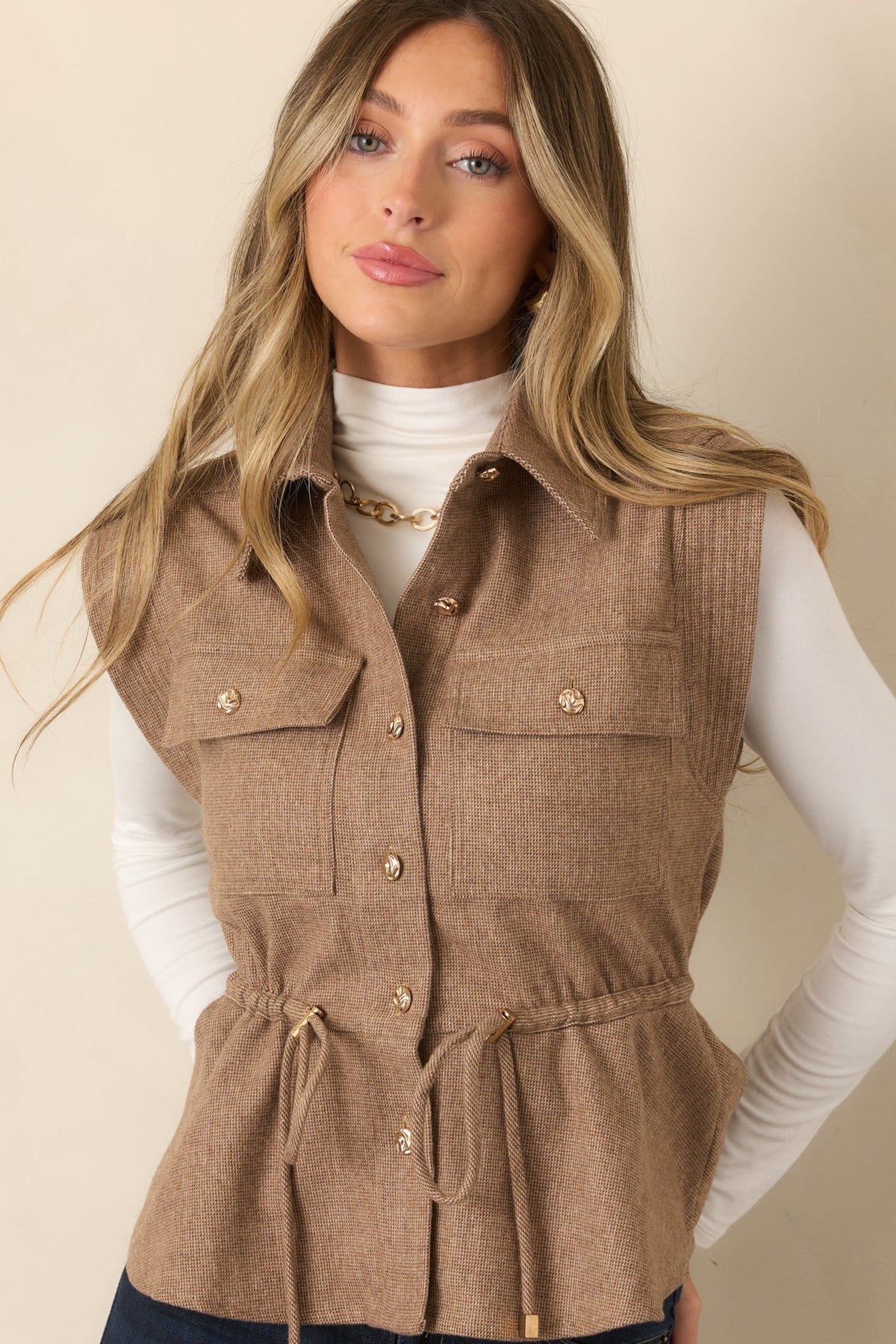Nothing Short of Chic Taupe Drawstring Waist Button Front Vest