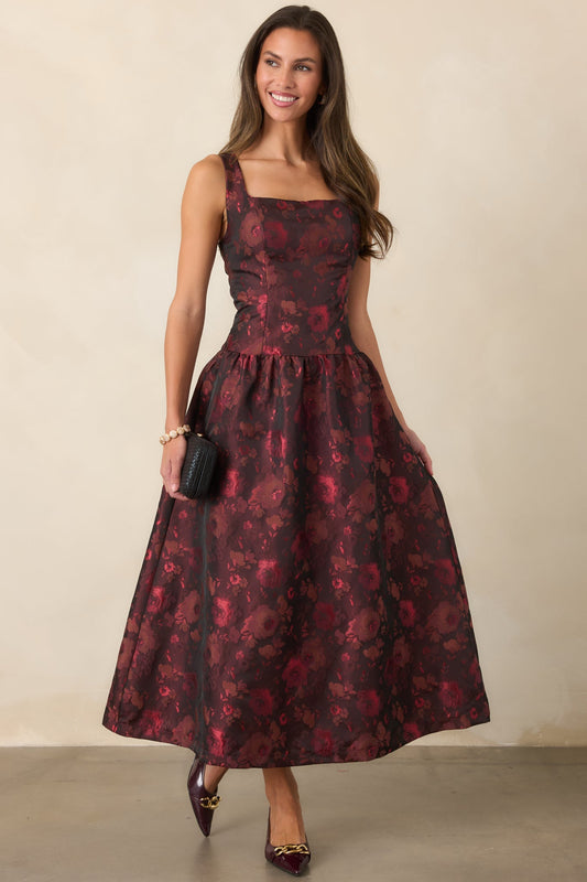 A Beautiful Thing Burgundy Floral Jacquard Midi Dress