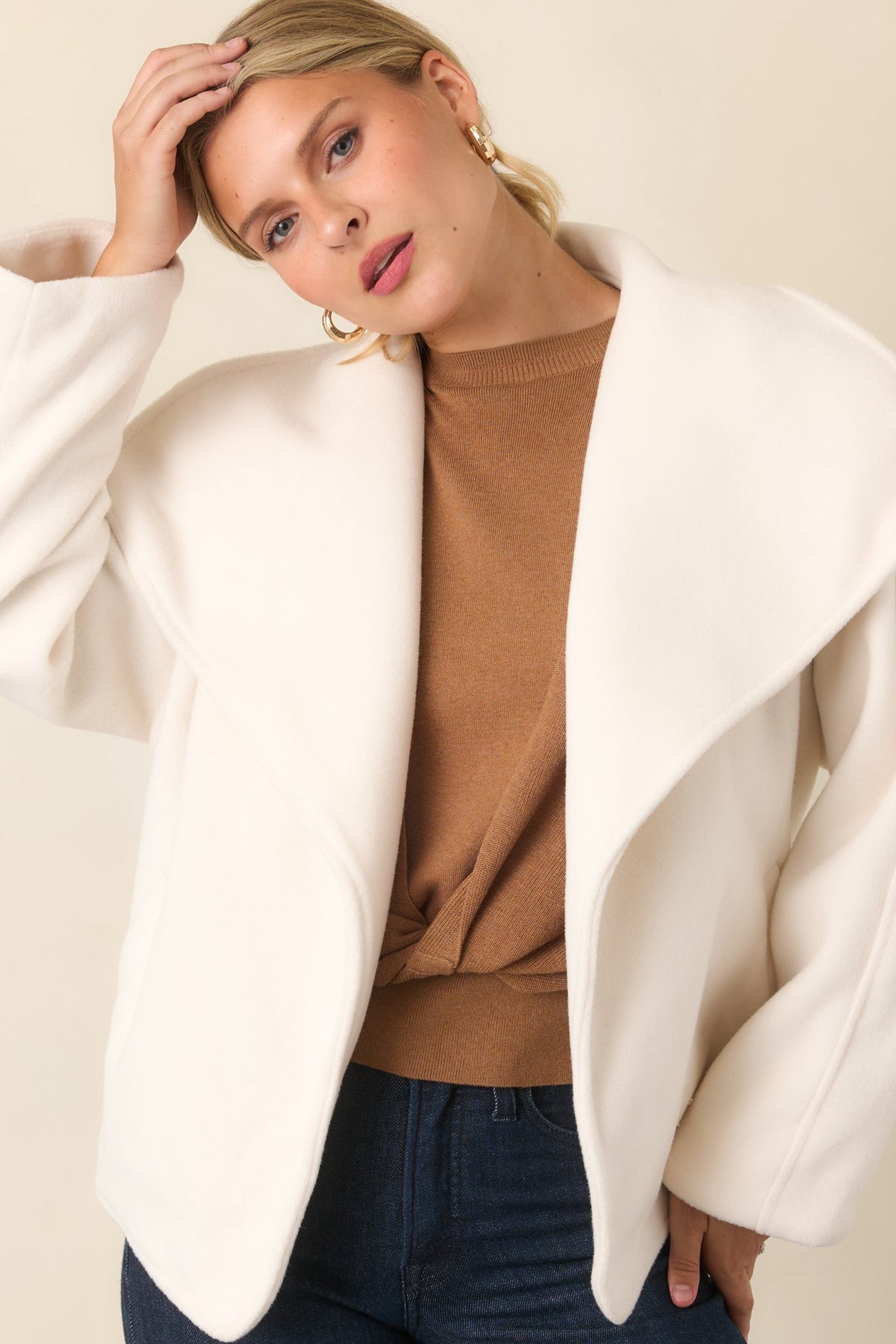 Nicole Ivory Plush Tie Belt Wrap Jacket