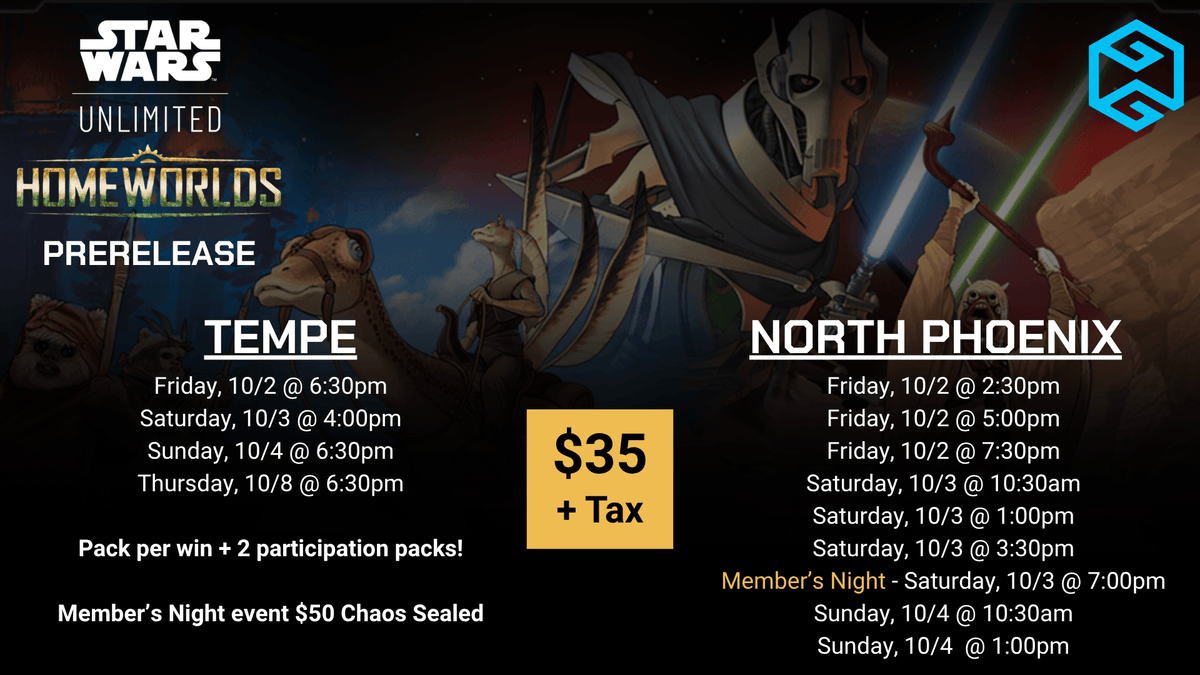 Tempe - 10/8 @ 6:30pm - Star Wars Unlimited (SWU) Homeworlds Prerelease