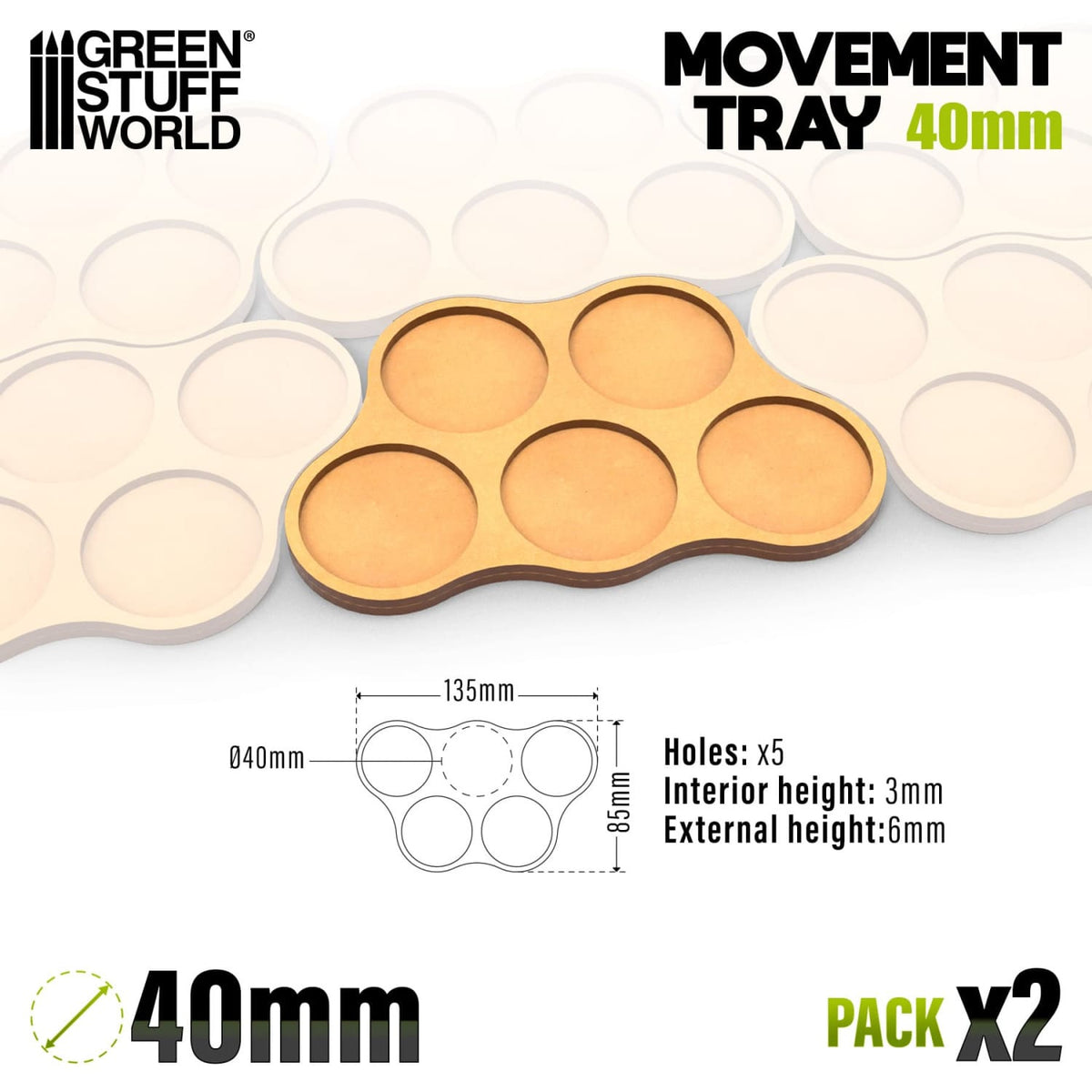 Green Stuff World: MDF Movement Trays: 40mm x5 - Skirmish