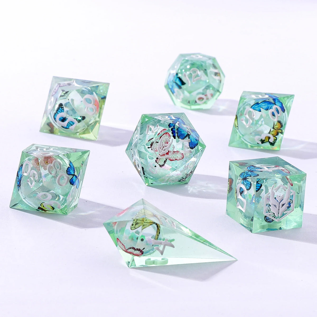 BRR086: Captured Magic Hand Sanded Sharp Edge Resin Liquid Core Dice Set - Butterfly Kaleidoscope