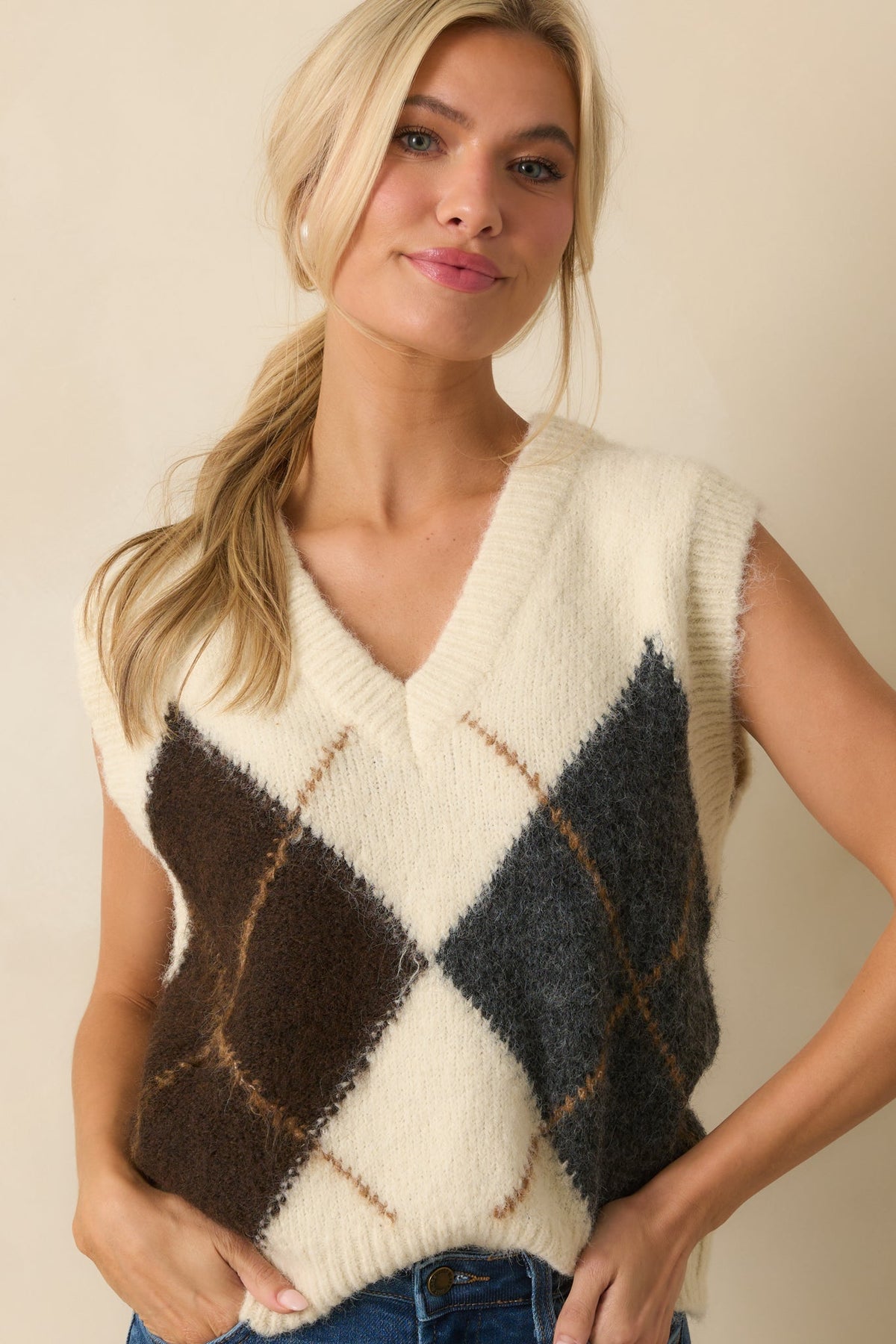At The Right Time Ivory Argyle V-Neck Sweater Vest